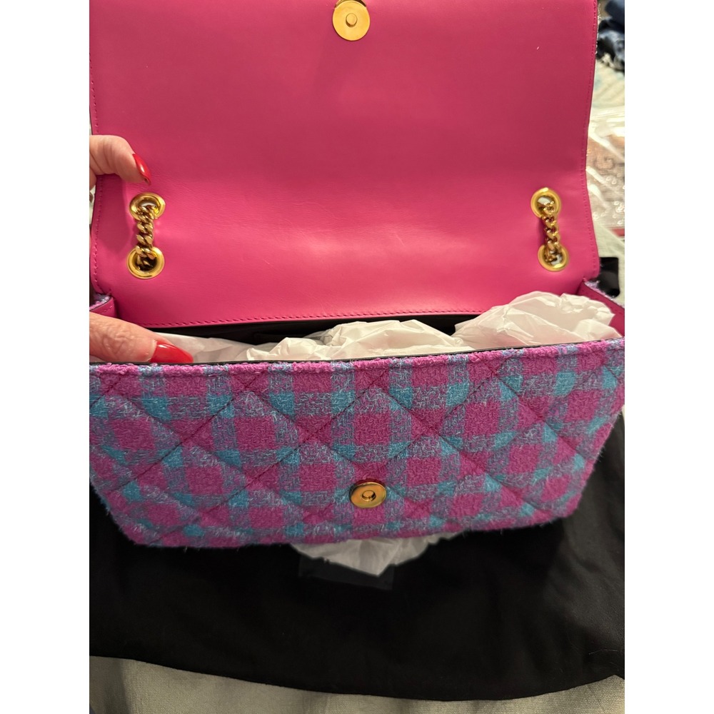 Versace La Medusa Tweed Shoulder Bag Pink Blue Plaid Quilted Gold Chain - Picture 3 of 8